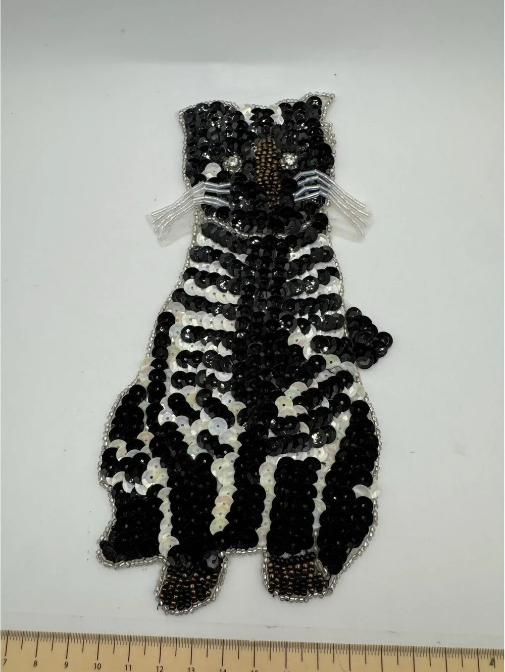 Sequined & Beaded Black And White Cat Sew On Patch NOS